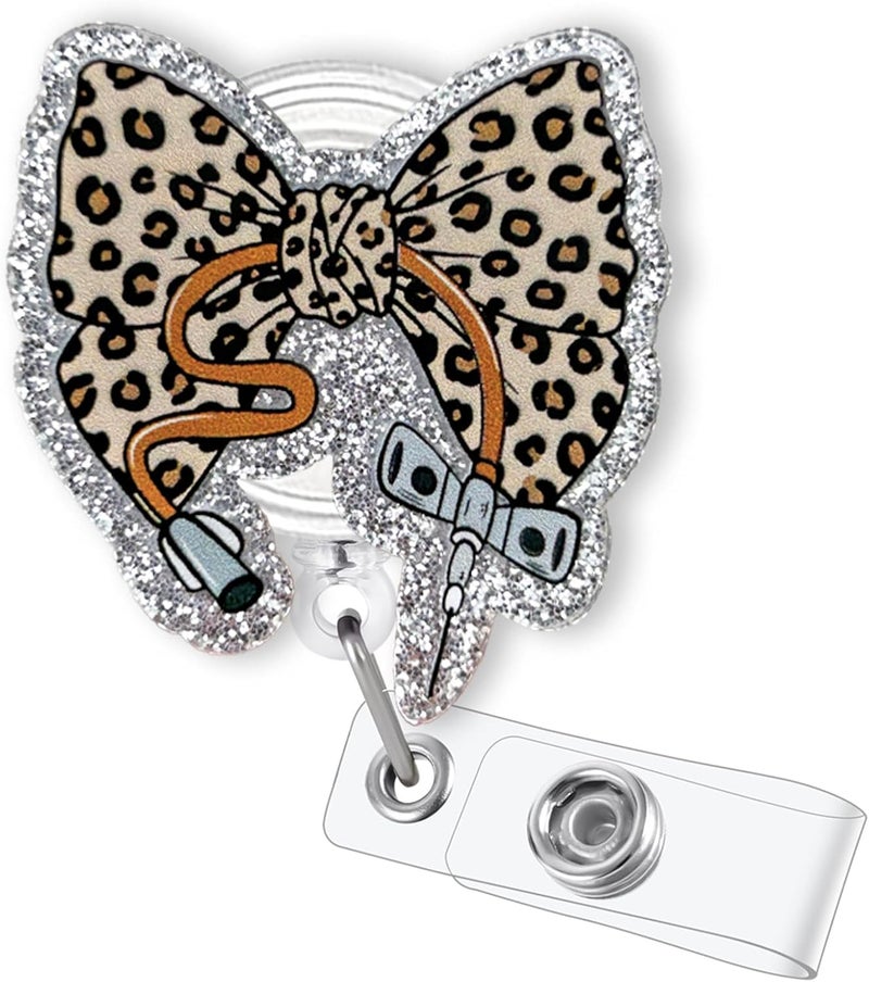 Bydevia Leopard Bow Phlebotomy Nurse Badge Reel Retractable, Funny Phlebotomist Badge Reel for Work, Personalized Phlebotomy Tech Gifts, Cute Phleb Badge Holder with Alligator Clip & 24” Durable Nylon Cord - Image 1